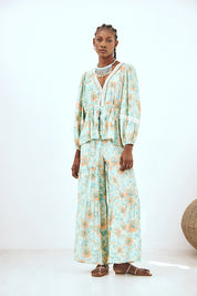 PRINTED TROUSERS WITH WAIST DETAIL - TURQUOISE