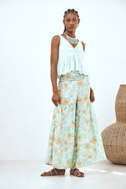 PRINTED TROUSERS WITH WAIST DETAIL - TURQUOISE