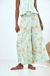 PRINTED TROUSERS WITH WAIST DETAIL - TURQUOISE