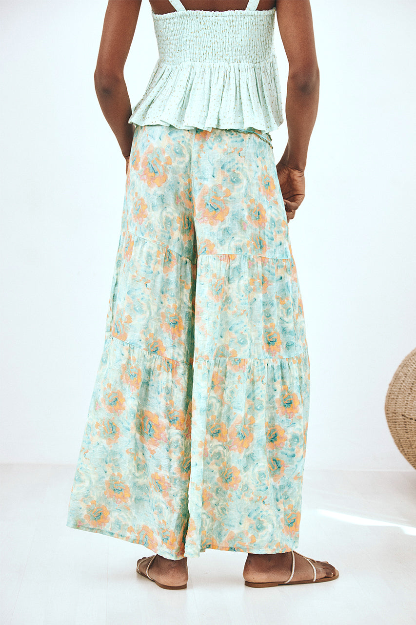 PRINTED TROUSERS WITH WAIST DETAIL - TURQUOISE