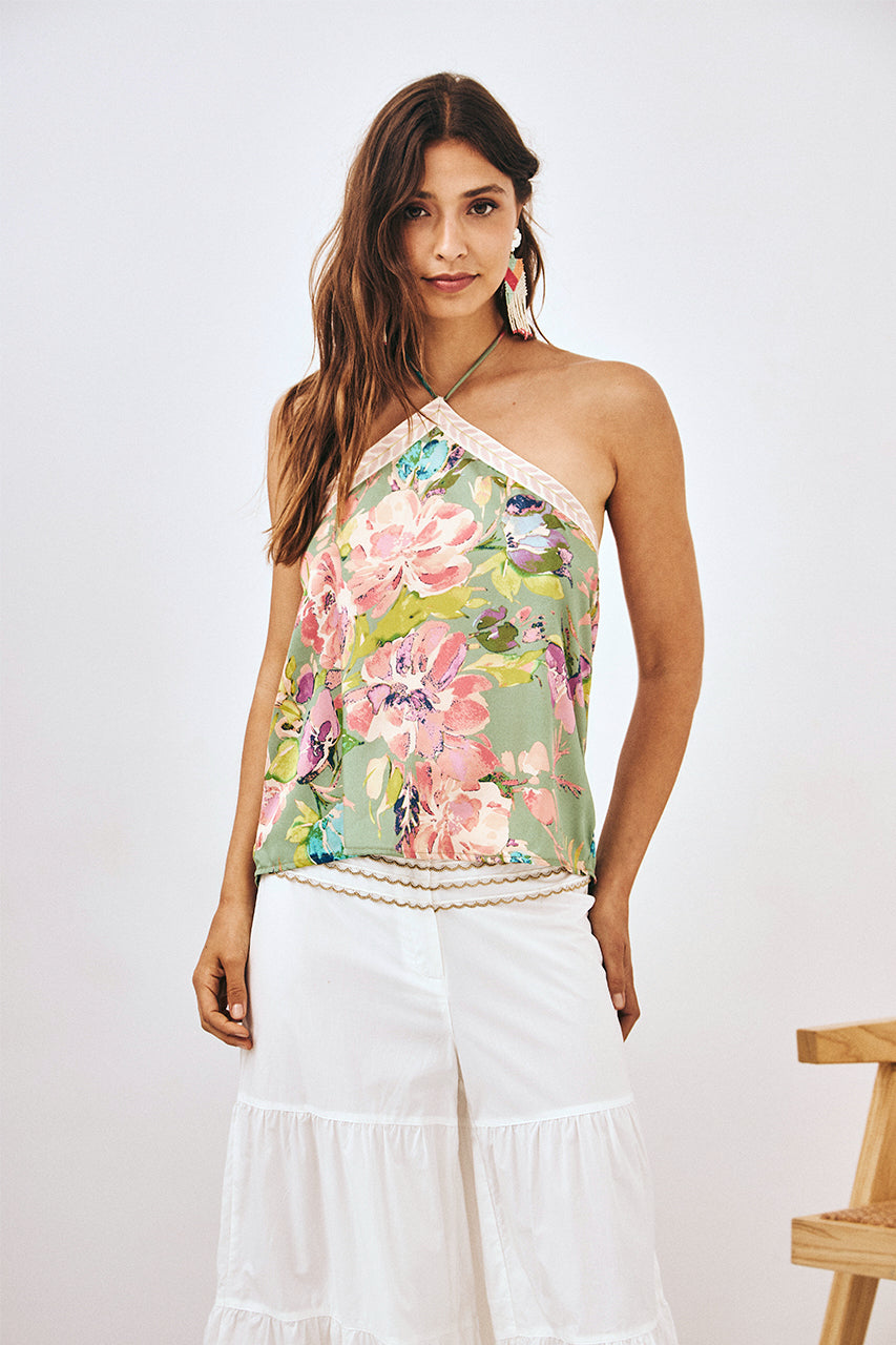 HALTER NECK FLORAL TOP - GREEN