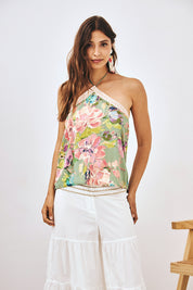 HALTER NECK FLORAL TOP - GREEN