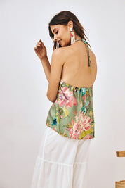 HALTER NECK FLORAL TOP - GREEN
