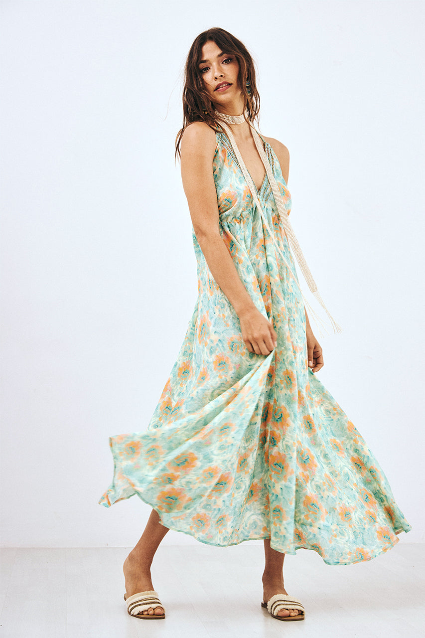 VESTIDO HALTER LARGO ESTAMPADO CON BLONDAS - TURQUESA