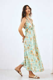 VESTIDO HALTER LARGO ESTAMPADO CON BLONDAS - TURQUESA