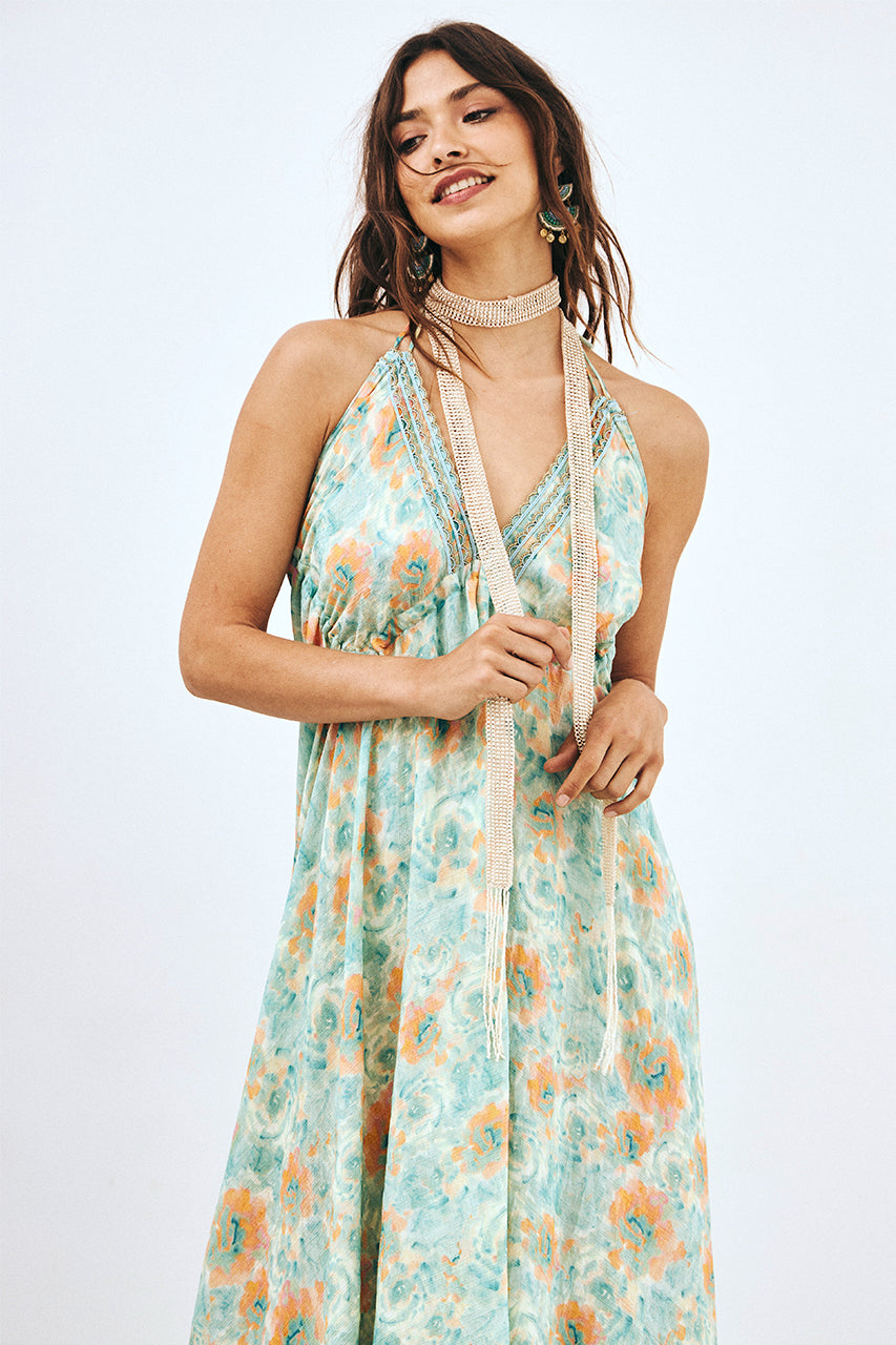 VESTIDO HALTER LARGO ESTAMPADO CON BLONDAS - TURQUESA