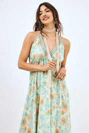 VESTIDO HALTER LARGO ESTAMPADO CON BLONDAS - TURQUESA