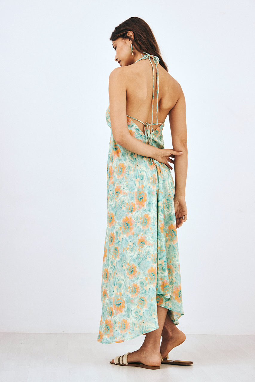 VESTIDO HALTER LARGO ESTAMPADO CON BLONDAS - TURQUESA