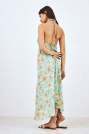 VESTIDO HALTER LARGO ESTAMPADO CON BLONDAS - TURQUESA