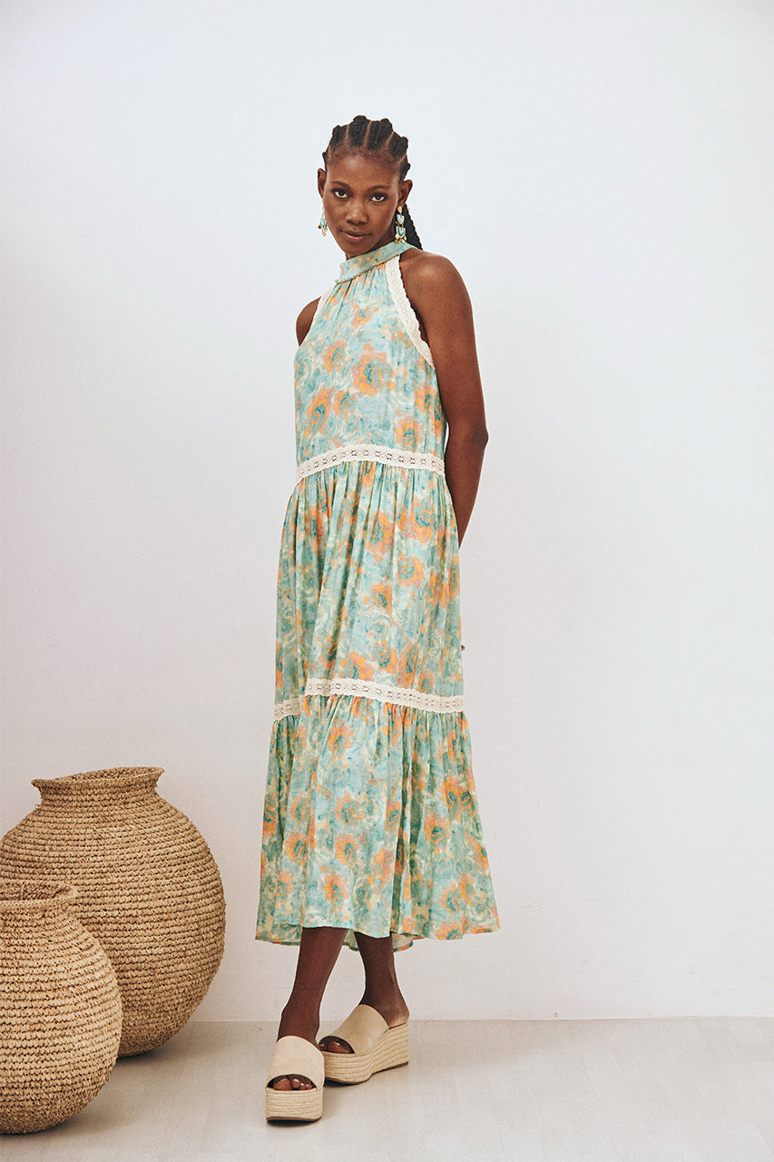 VESTIDO HALTER ESTAMPADO CON DETALLE ESCOTE - TURQUESA