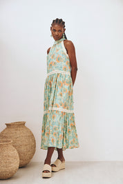 VESTIDO HALTER ESTAMPADO CON DETALLE ESCOTE - TURQUESA