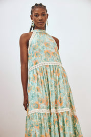 VESTIDO HALTER ESTAMPADO CON DETALLE ESCOTE - TURQUESA