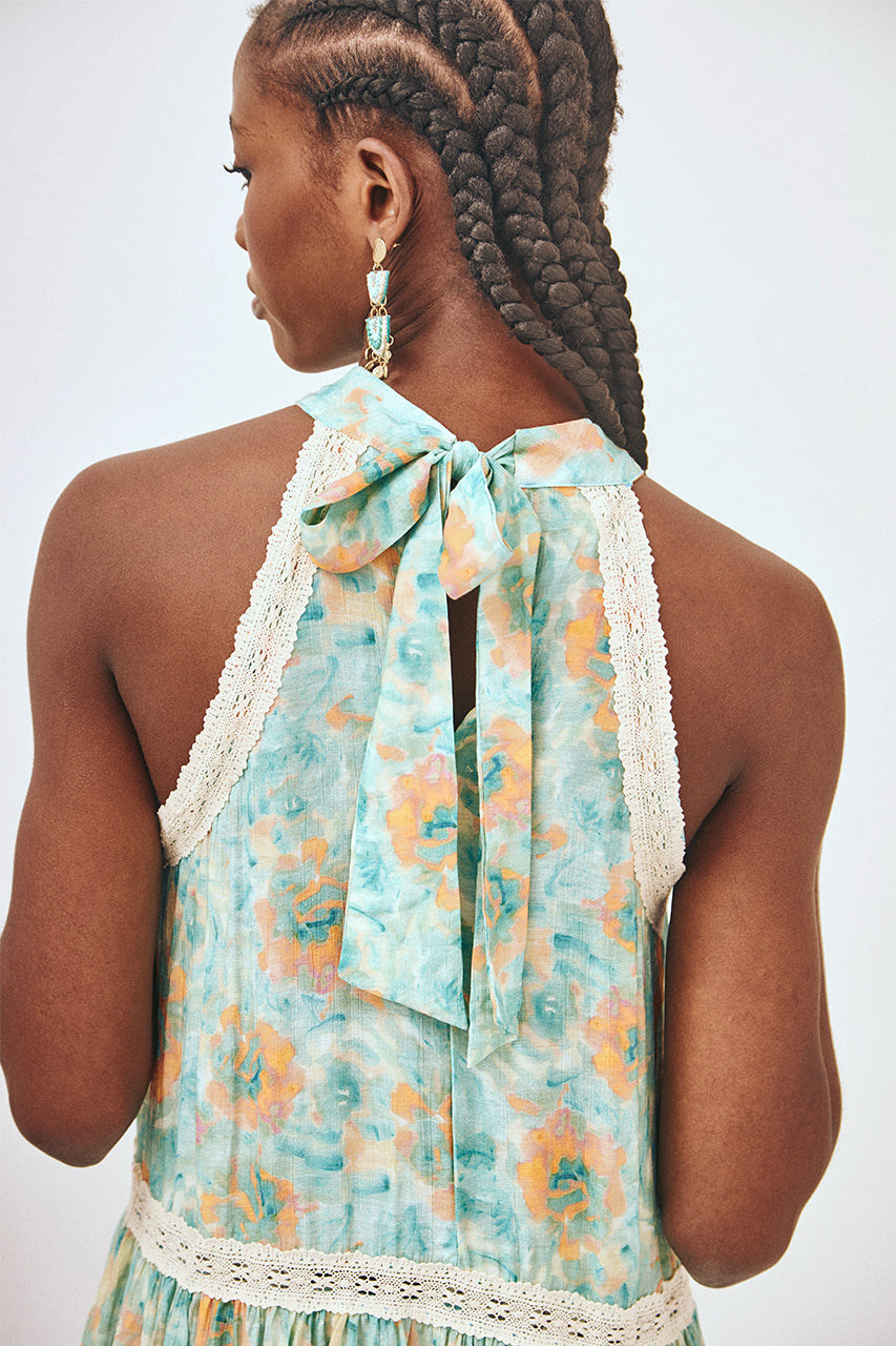 VESTIDO HALTER ESTAMPADO CON DETALLE ESCOTE - TURQUESA