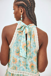 VESTIDO HALTER ESTAMPADO CON DETALLE ESCOTE - TURQUESA