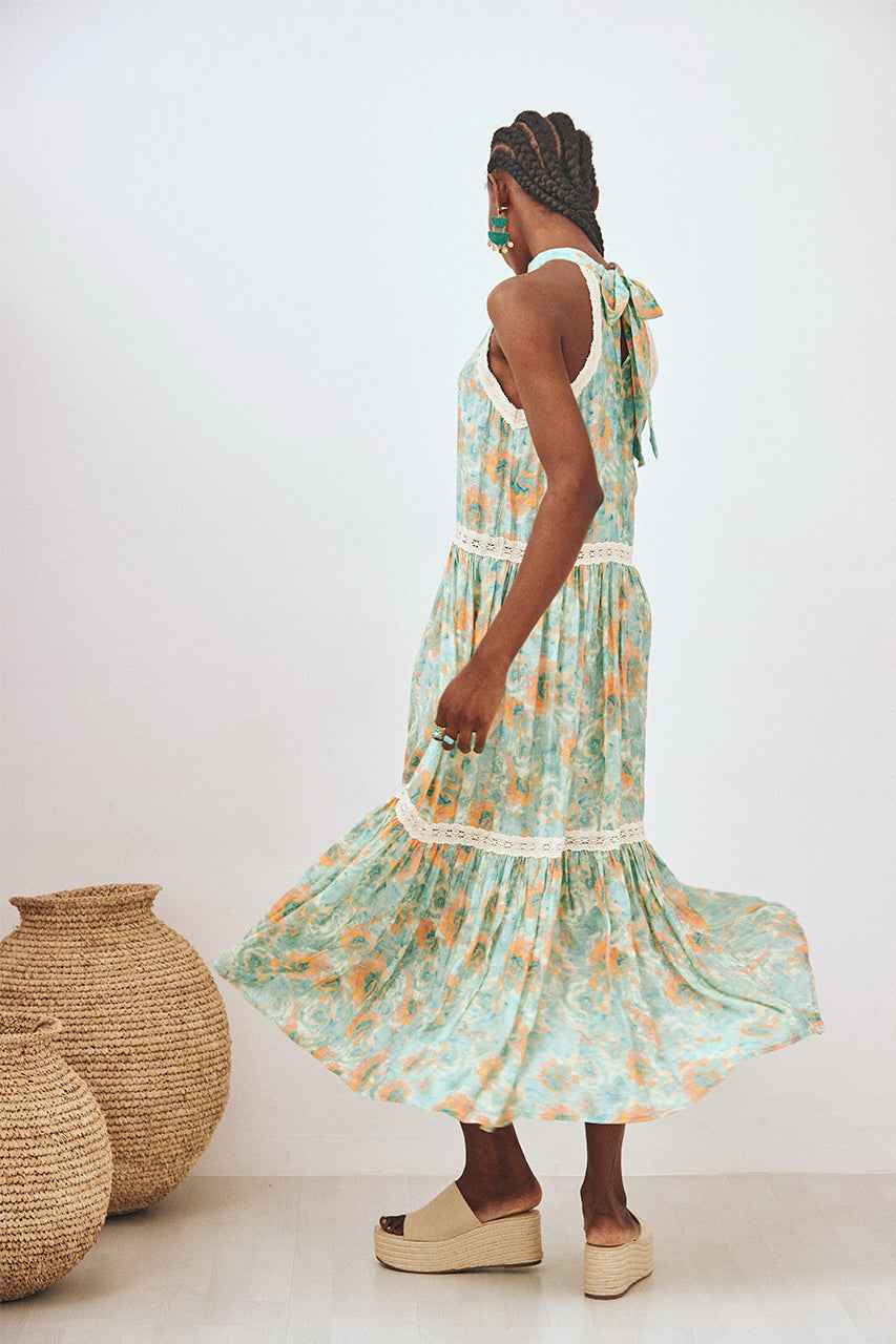 VESTIDO HALTER ESTAMPADO CON DETALLE ESCOTE - TURQUESA