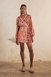 SHORT PRINTED WRAP DRESS - MAGENTA