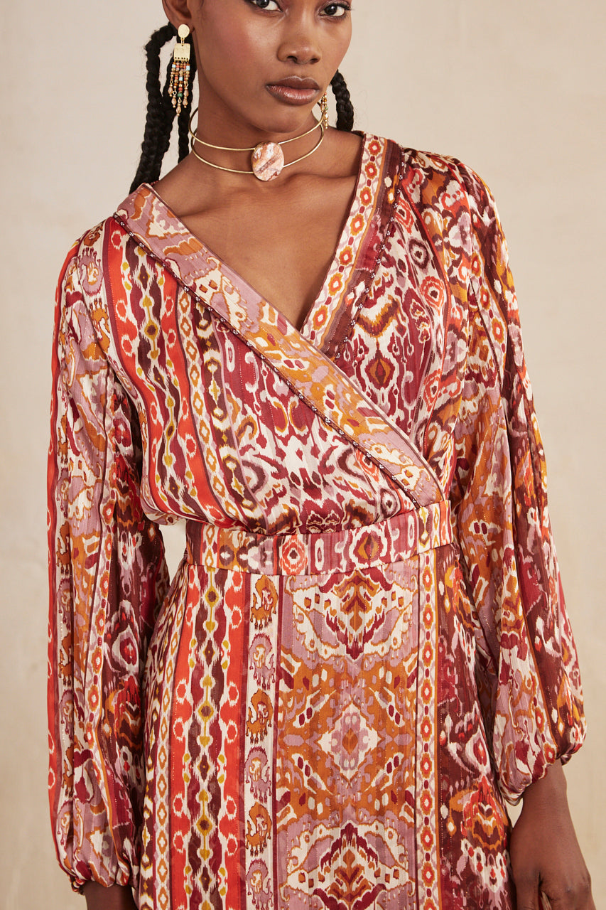 SHORT PRINTED WRAP DRESS - MAGENTA