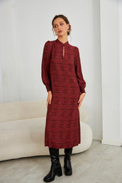 VESTIDO FLORAL CUELLO MAO - BURGUNDY