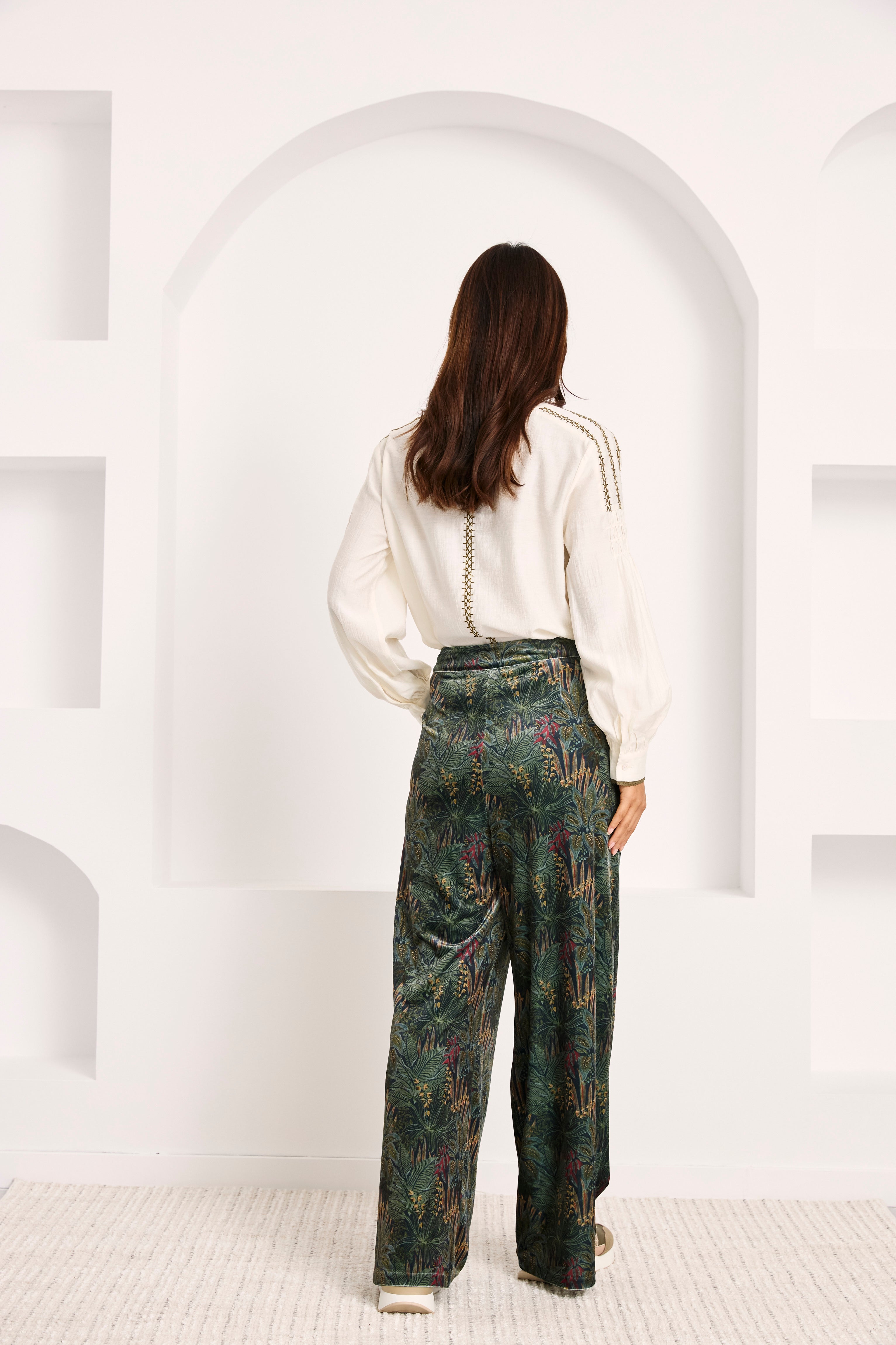 PANTALÓN TERCIOPELO ESTAMPADO BOTÁNICO - VERDE