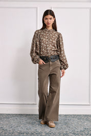 Printed blouse with puff sleeves - KHAKI
