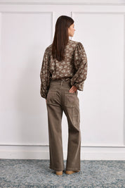 Printed blouse with puff sleeves - KHAKI