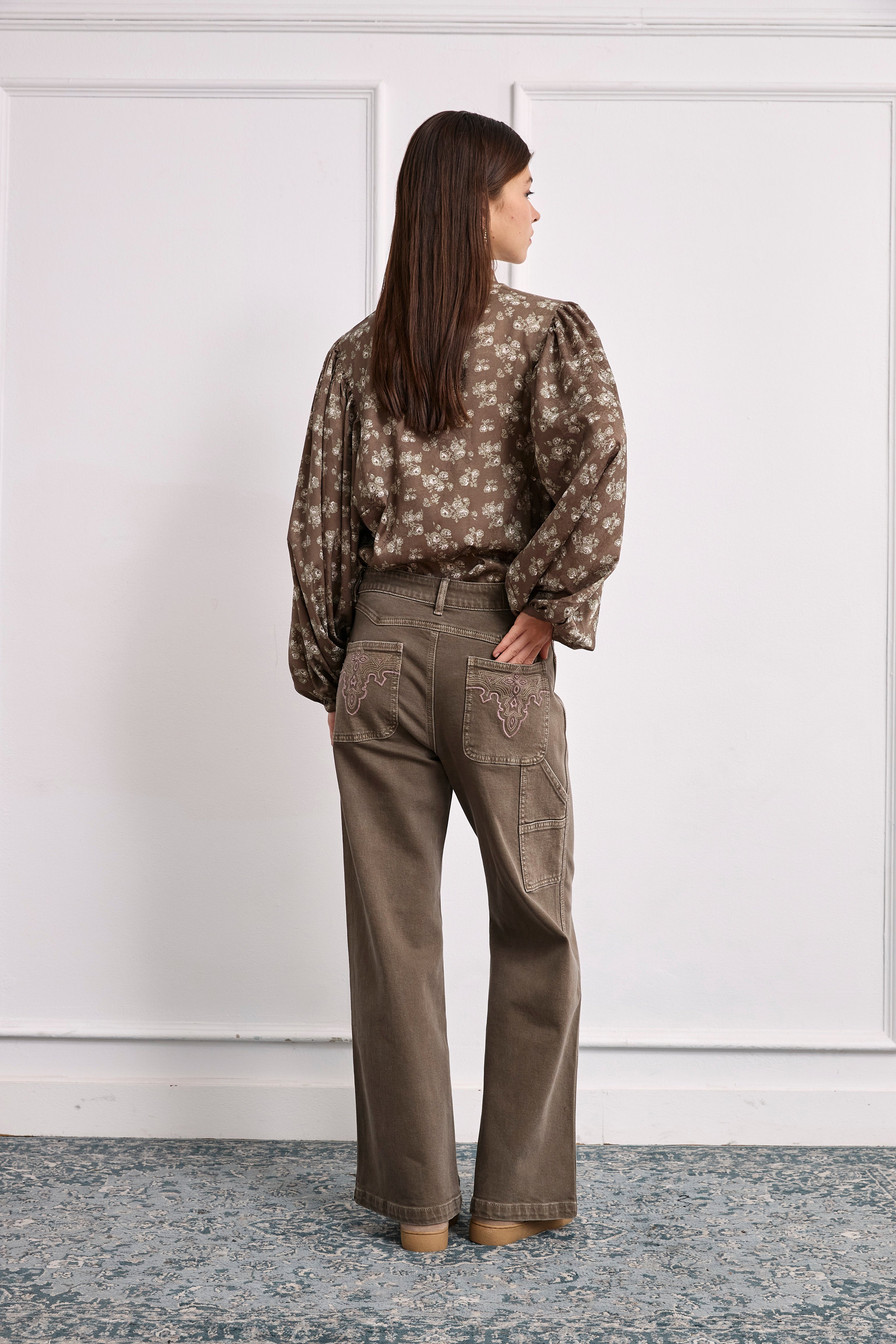 Printed blouse with puff sleeves - KHAKI