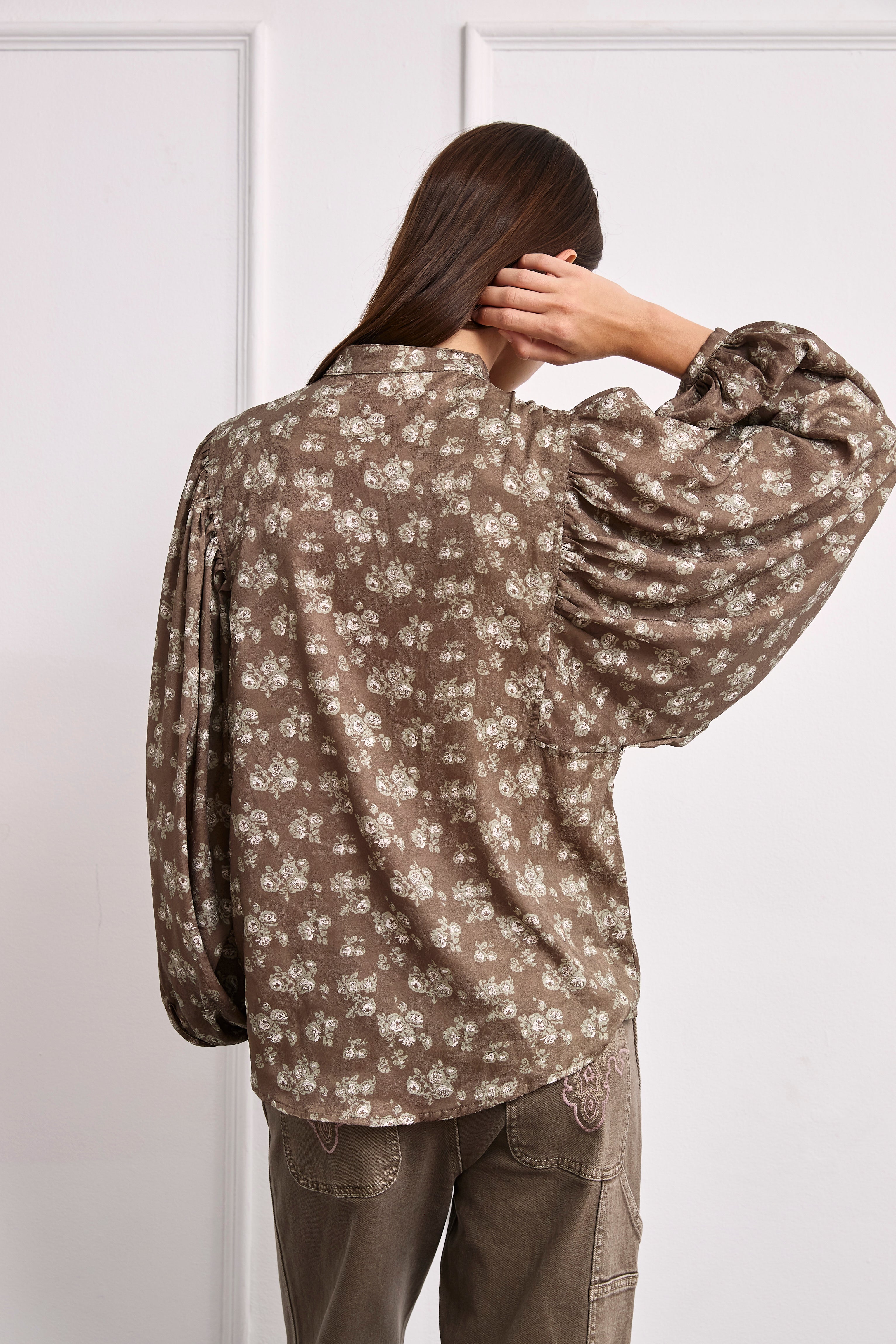 Printed blouse with puff sleeves - KHAKI