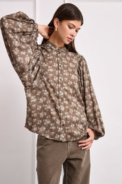 Printed blouse with puff sleeves - KHAKI