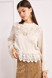 EMBROIDERED FLORAL AND GUIPURE BLOUSE - IVORY - IVORY