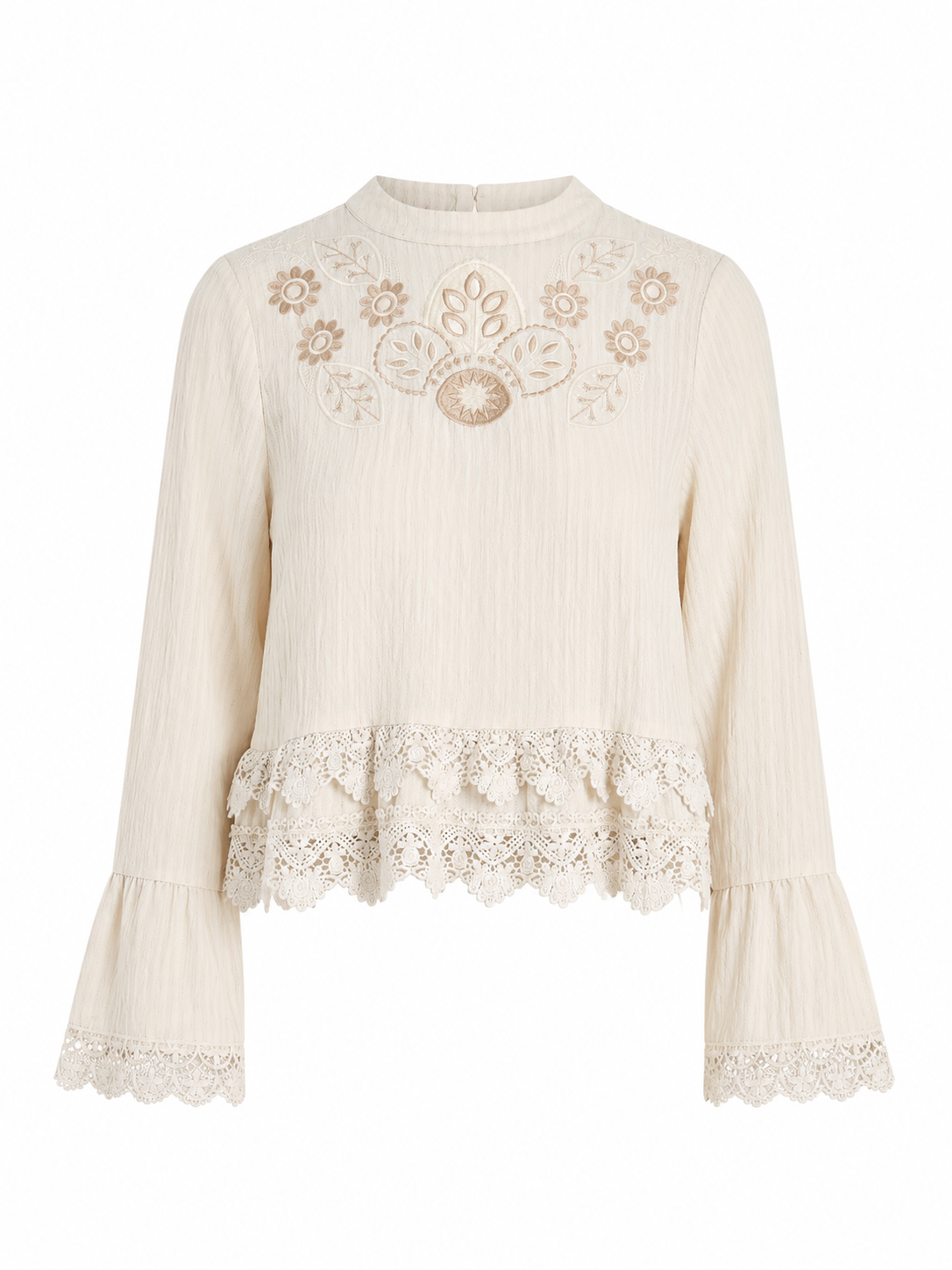 EMBROIDERED FLORAL AND GUIPURE BLOUSE - IVORY - IVORY