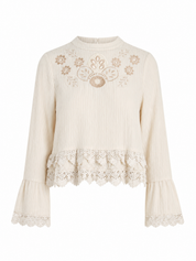 EMBROIDERED FLORAL AND GUIPURE BLOUSE - IVORY - IVORY