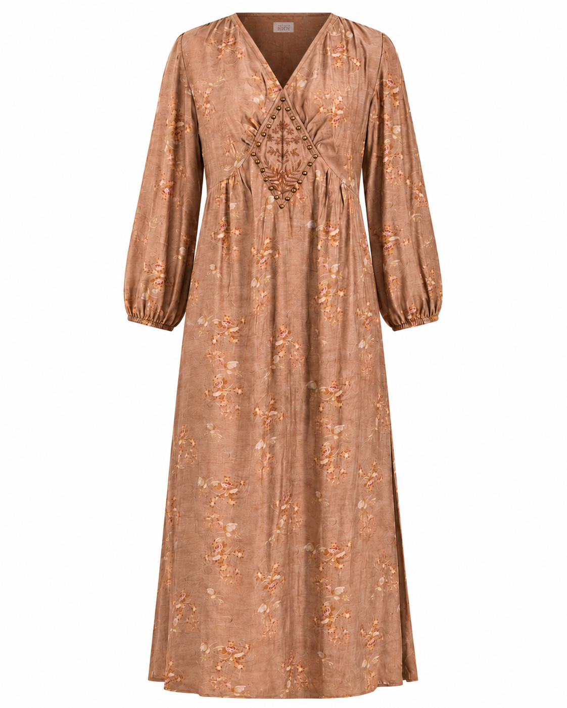 VESTIDO FLORAL DETALLE TACHUELAS - CHOCOLATE