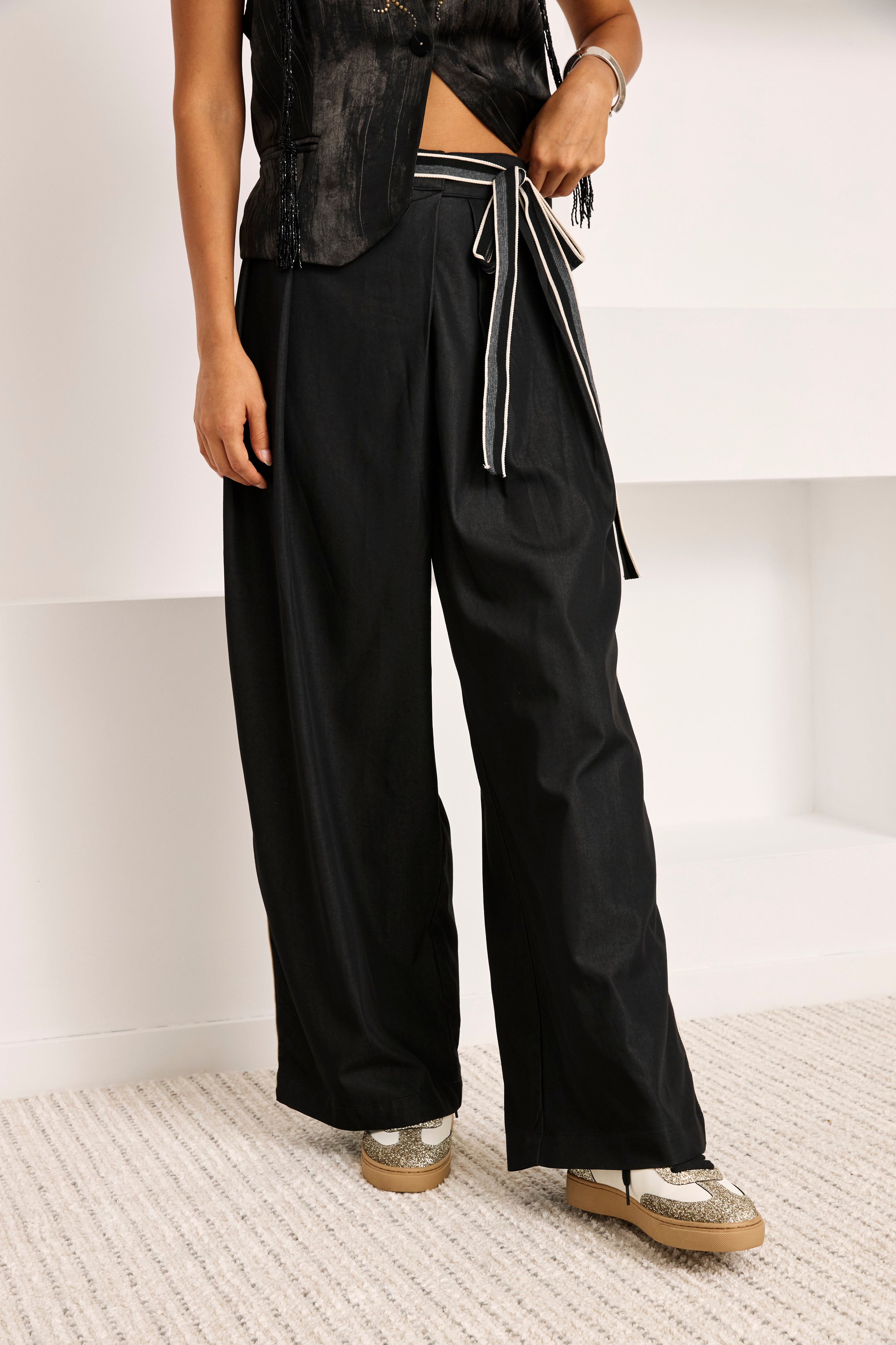 PANTALÓN WIDE LEG LAZO BICOLOR  - NEGRO