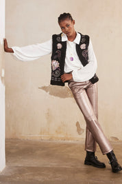 PANTALON RECTO SIMIL PIEL METALIZADA - SILVER