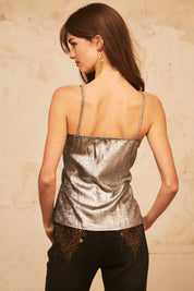 Metallic crisscross top with straps and hardware - Silver