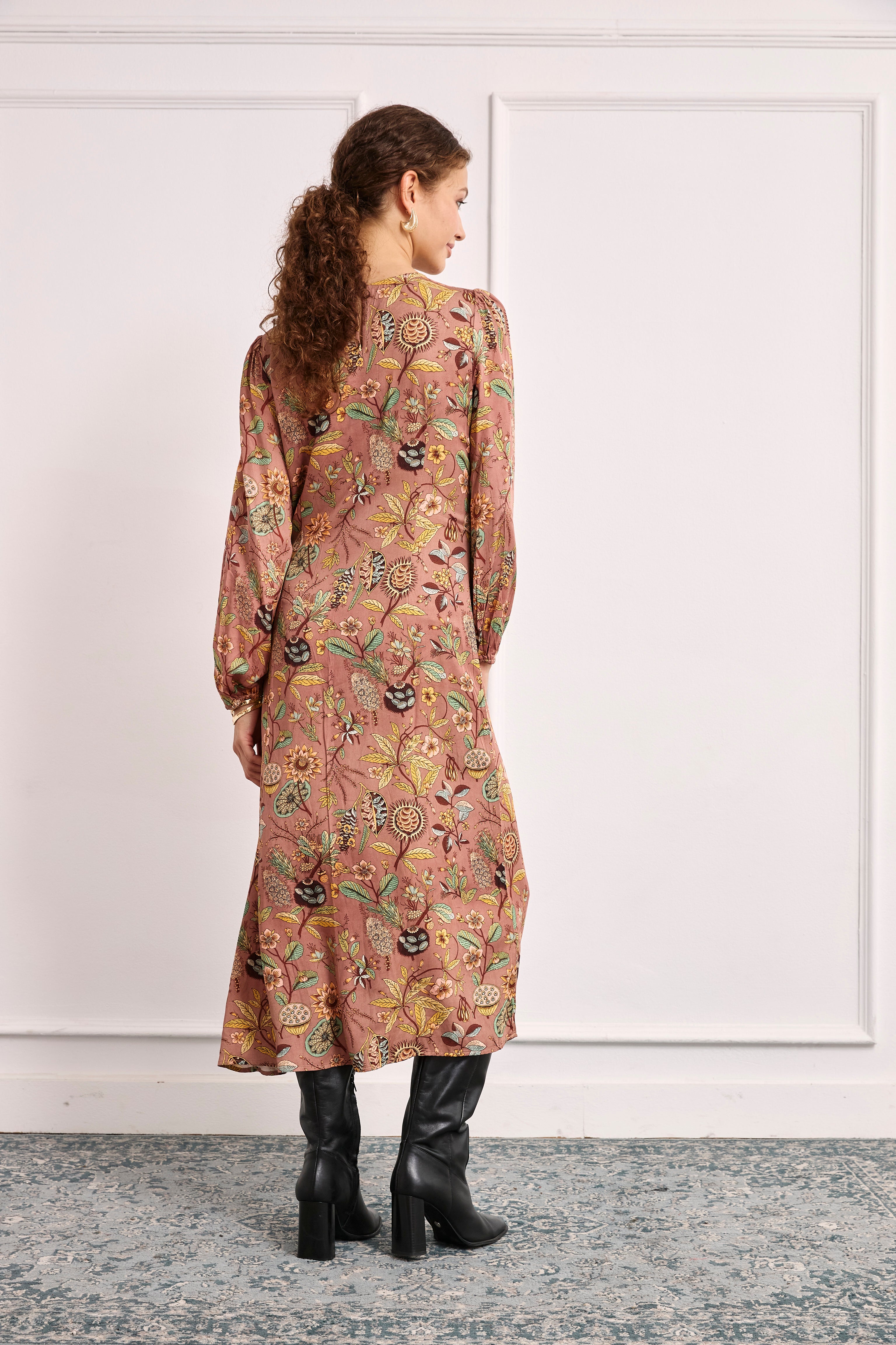 Long viscose printed dress - DUSTY PINK