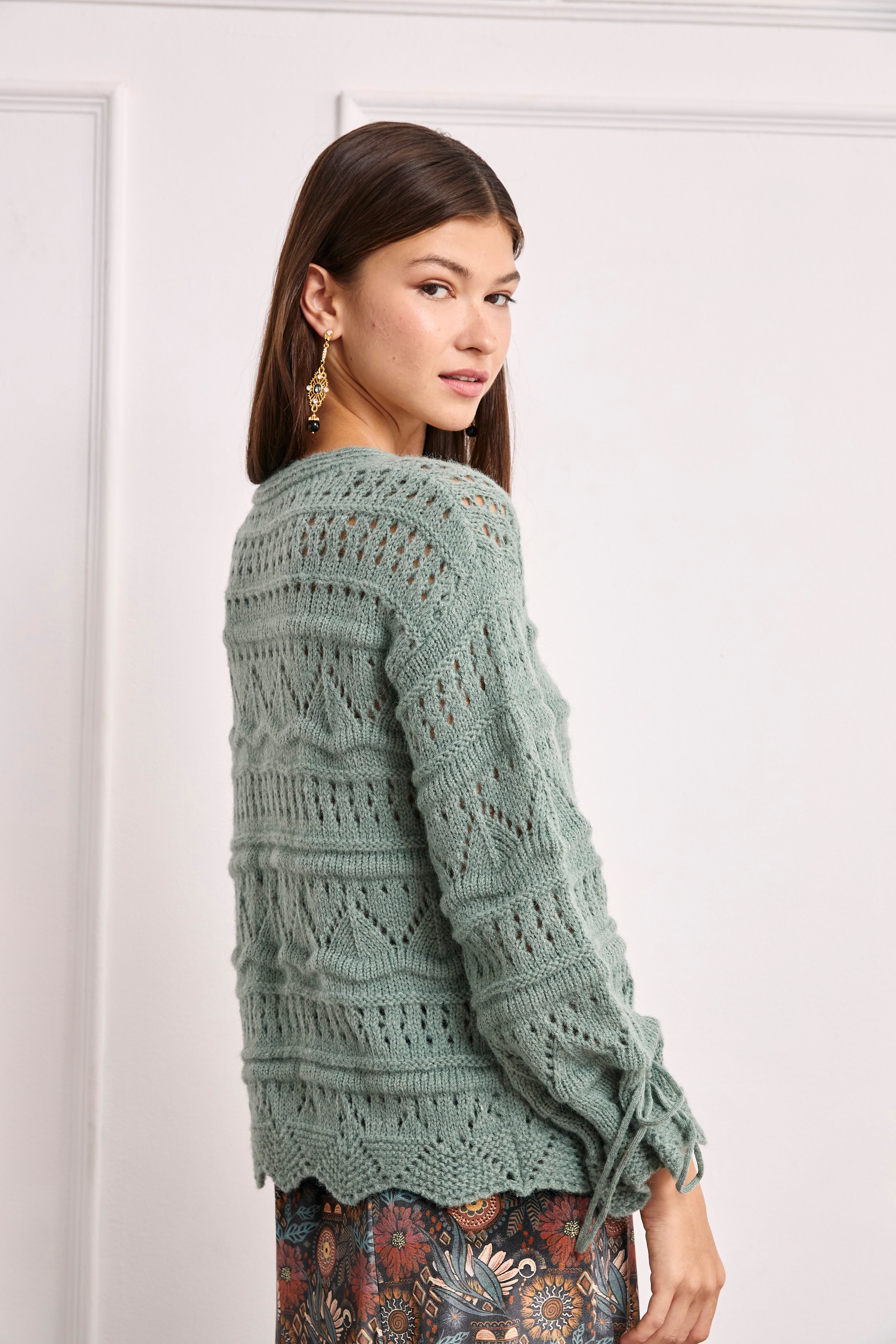 JERSEY PIRATE NECK SWEATER WITH CUTOUTS - GREEN - GREEN