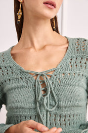 JERSEY PIRATE NECK SWEATER WITH CUTOUTS - GREEN - GREEN