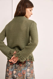 OPENWORK FRINGED CARDIGAN - GREEN - GREEN