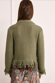 OPENWORK FRINGED CARDIGAN - GREEN - GREEN