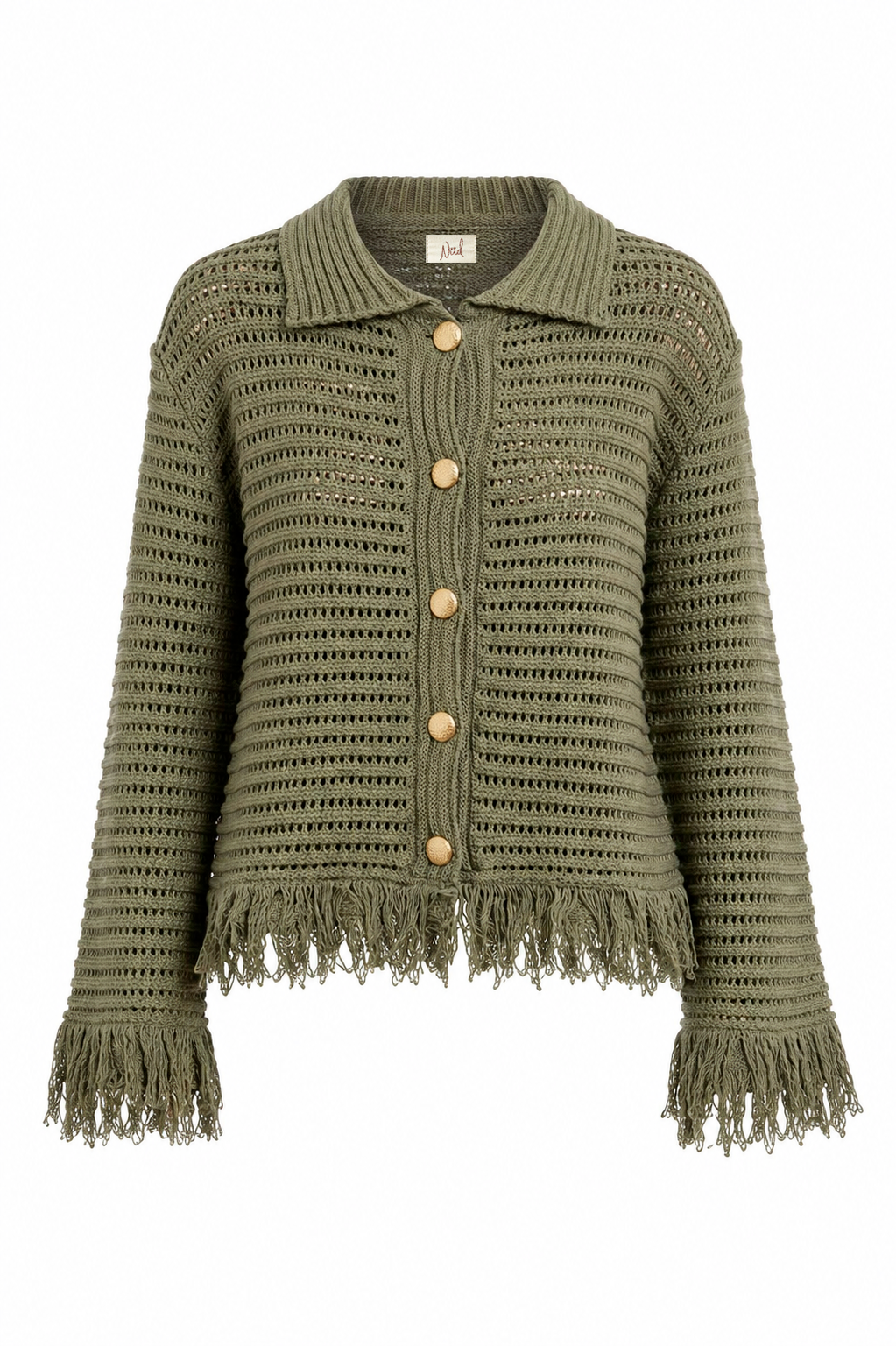 OPENWORK FRINGED CARDIGAN - GREEN - GREEN