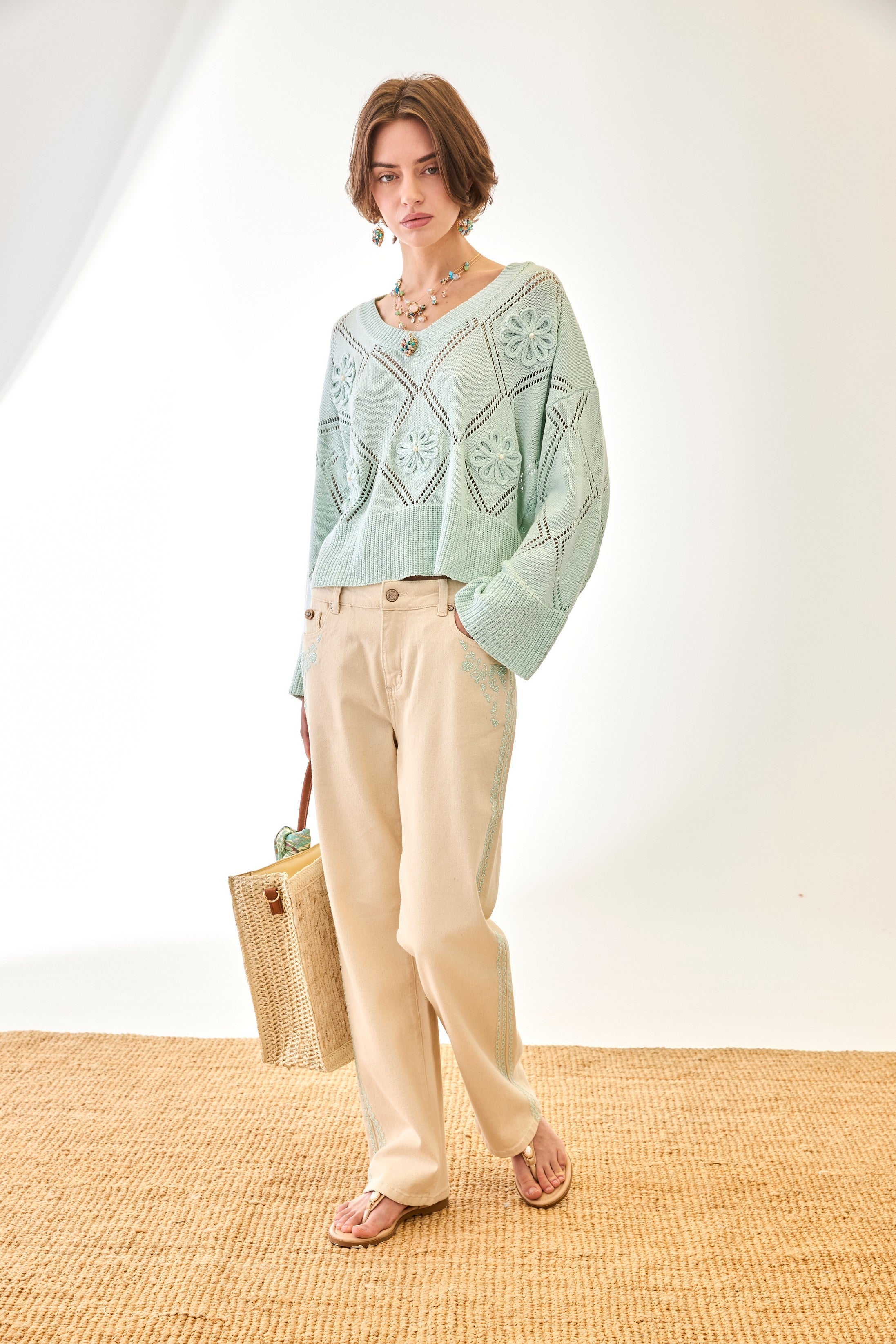 Diamond Pattern Openwork Jersey - Blue