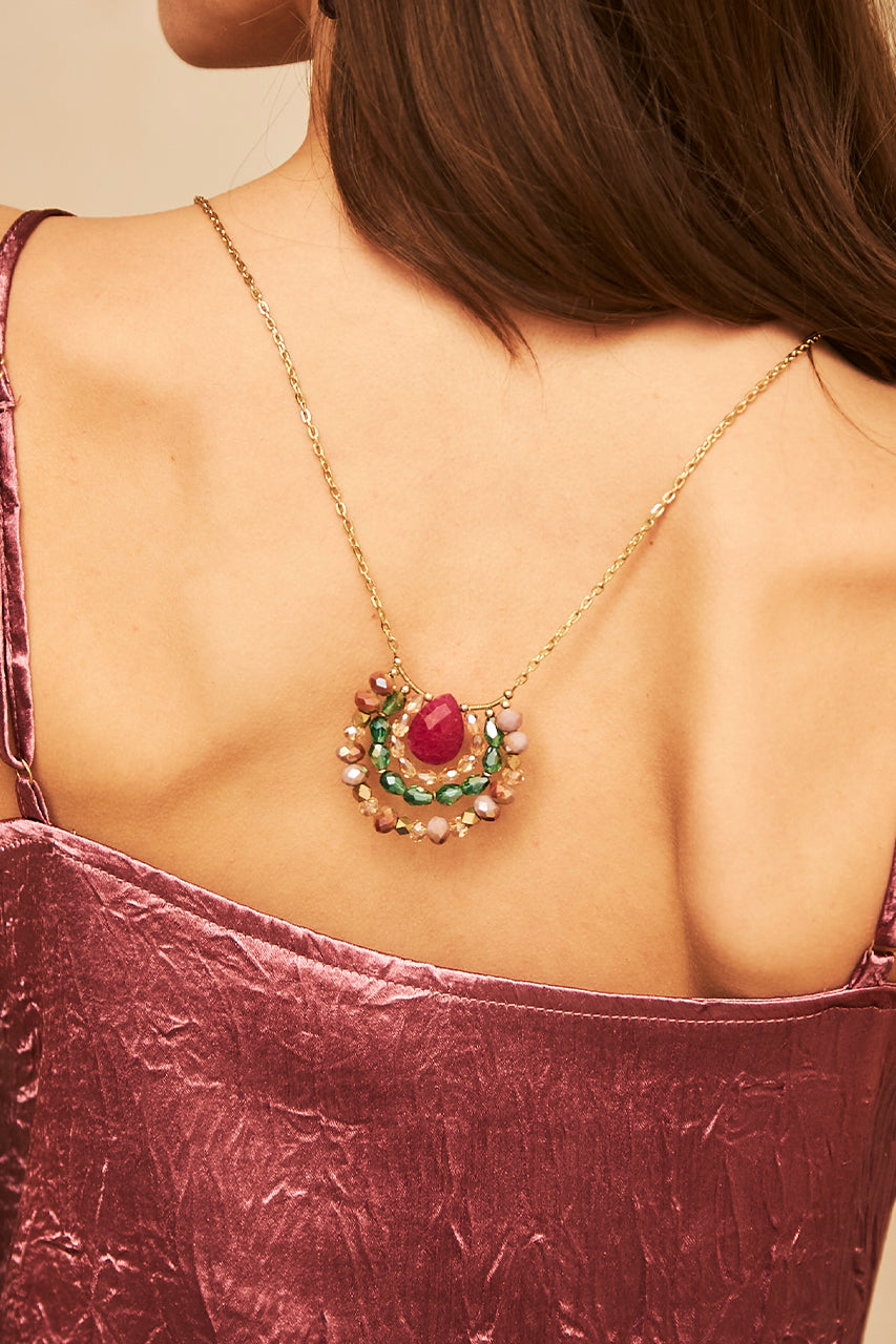 LONG NECKLACE WITH CENTRAL FLOWER IN STONES - MAGENTA