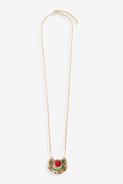 LONG NECKLACE WITH CENTRAL FLOWER IN STONES - MAGENTA