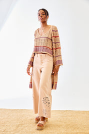 TRICOLOR OPEN KNIT CARDIGAN - CAMEL