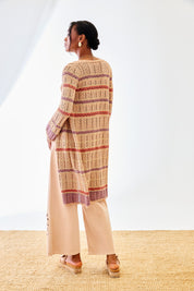 TRICOLOR OPEN KNIT CARDIGAN - CAMEL