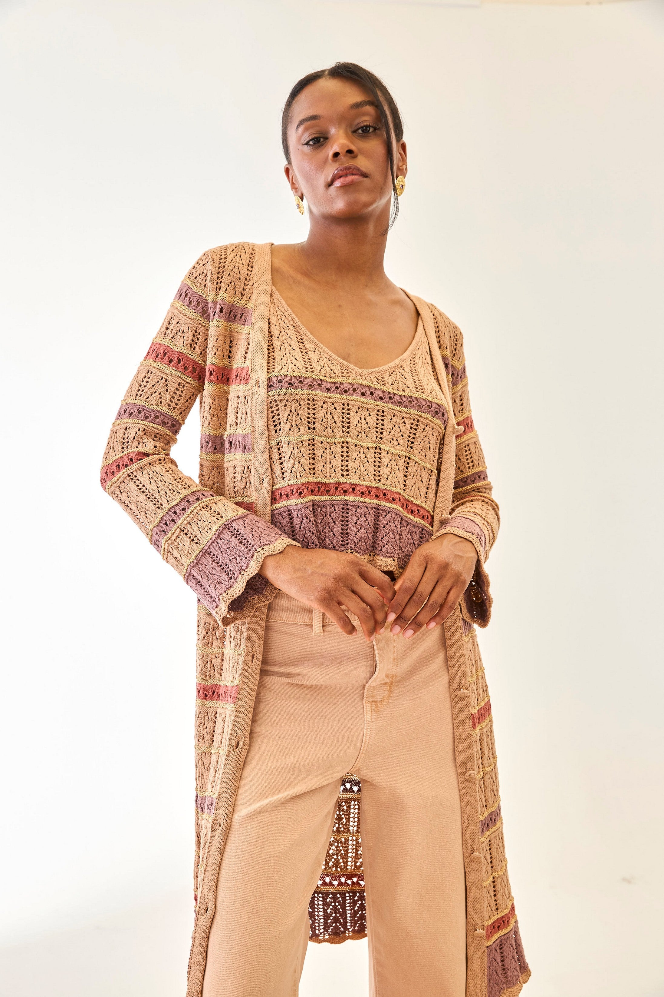 TRICOLOR OPEN KNIT CARDIGAN - CAMEL