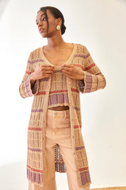 TRICOLOR OPEN KNIT CARDIGAN - CAMEL