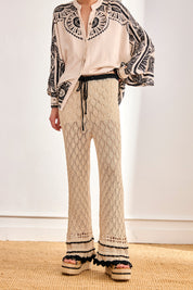 PANTALÓN BICOLOR PUNTO CALADO - CAMEL