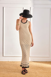 VESTIDO BICOLOR PUNTO CALADO - CAMEL